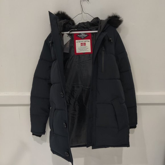 NWT PUREMSX Men's Faux Fur Hooded Winter Parka Snow Ski Black Size S $180 O198 - Picture 3 of 3